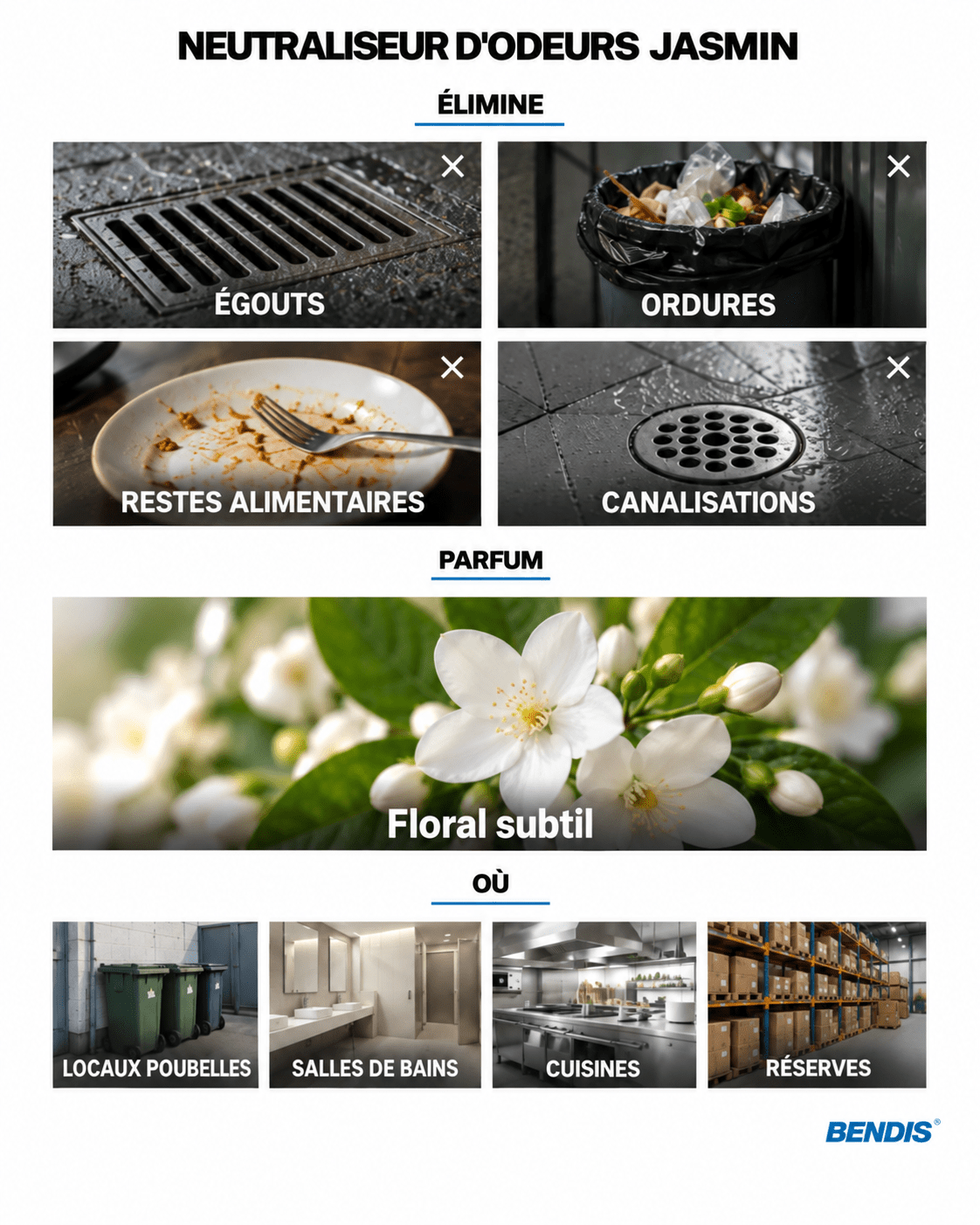 BENDIS Jasmine odour neutralizer: removes sewer, rubbish and food waste odours and leaves a clean, discreet floral background. Ideal for bin rooms, bathrooms, commercial kitchens and food storage.